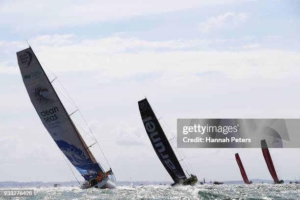 Turn the Tide on Plastic and Team Brunel during the start of leg seven of the Volvo Ocean Race on March 18, 2018 in Auckland, New Zealand.