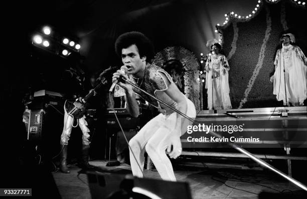 Singer Bobby Farrell of Boney M performs on stage at the Liverpool Empire on December 03, 1978.