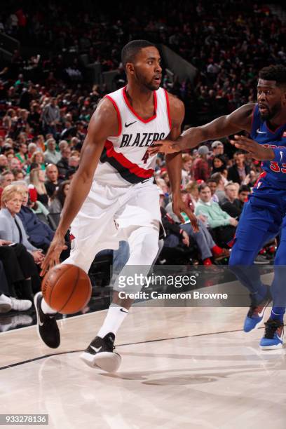 Maurice Harkless of the Portland Trail Blazers handles the ball during the game against the Detroit Pistons on March 17, 2018 at the Moda Center in...