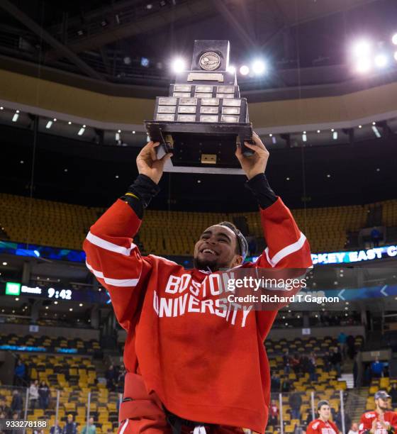 Jordan Greenway celebrates after the Terriers won the Hockey East Championship 2-0 against the Providence College Friars during NCAA hockey in the...