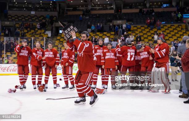 Drew Melanson of the Boston University Terriers celebrates after the Terriers won the Hockey East Championship 2-0 against the Providence College...