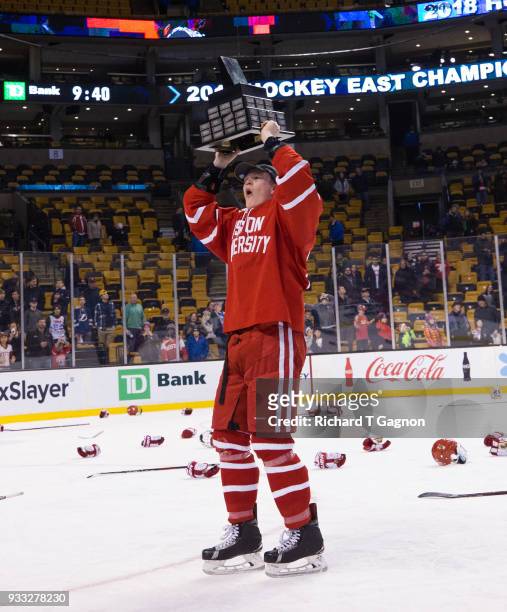 Brady Tkachuk of the Boston University Terriers celebrates after the Terriers won the Hockey East Championship 2-0 against the Providence College...