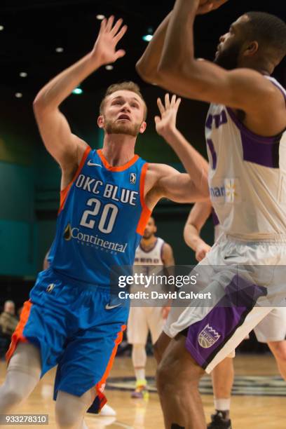 Bryce Alford of the Oklahoma City Blue defends Aaron Harrison of the Reno Bighorns during an NBA G-League game on March 17, 2018 at the Reno Events...