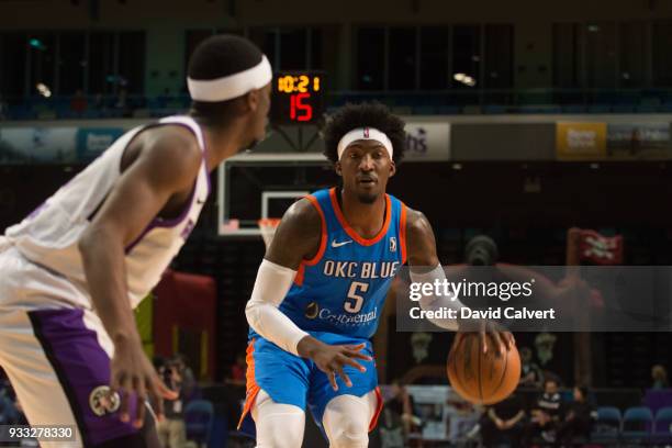 Rashawn Thomas of the Oklahoma City Blue dribbles the ball during an NBA G-League game against the Reno Bighorns on March 17, 2018 at the Reno Events...