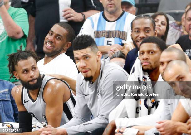 LaMarcus Aldridge of the San Antonio Spurs and Kawhi Leonard of the San Antonio Spurs share a laugh in closing minute of game against the Minnesota...