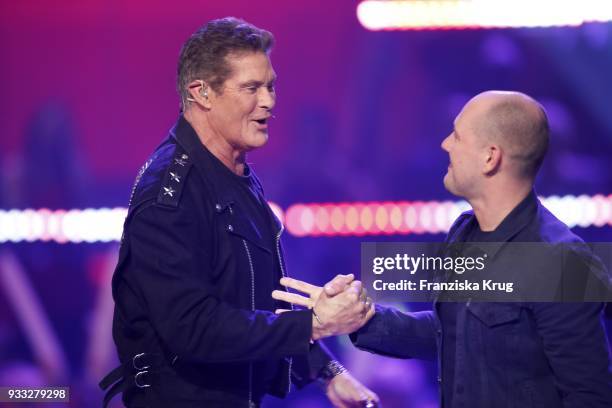 David Hasselhoff and Oli P. During the TV show 'Heimlich! Die grosse Schlager-Ueberraschung' on March 17, 2018 in Munich, Germany.