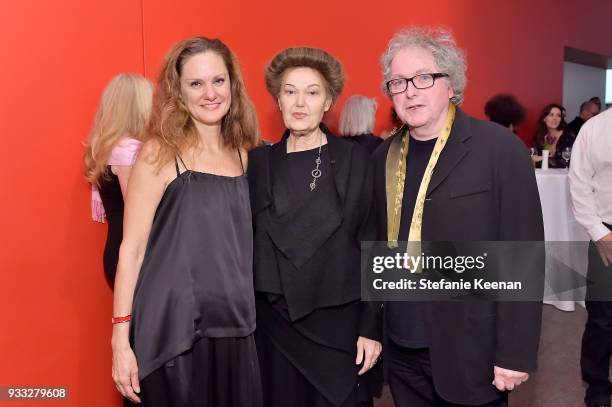 Andrea Bowers, Mary Kelly and Ray Barrie attend The CalArts REDCAT Gala Honoring Charles Gaines and Adele Yellin on March 17, 2018 in Los Angeles,...