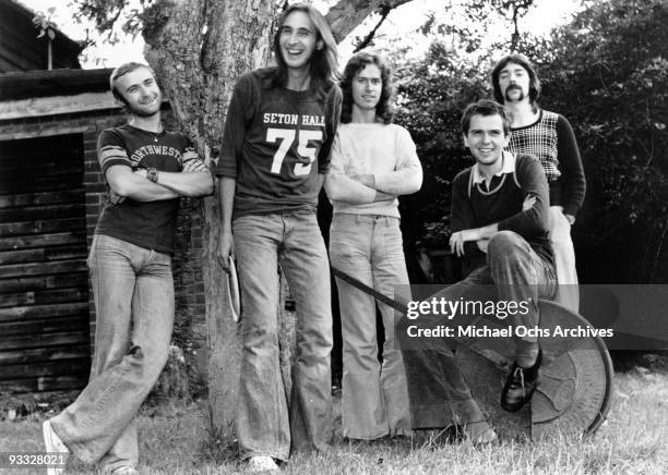 Drummer Phil Collins, guitarist Mike Rutherford, keyboard and guitarist Tony Banks, singer Peter Gabriel, and drummer Steve Hackett of the...