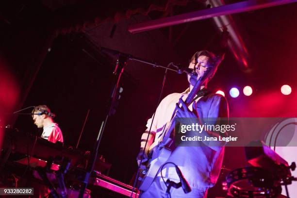 Tommy Grace and Vincent Neff of Django Django perform live on stage during a concert at the Festsaal Kreuzberg on March 17, 2018 in Berlin, Germany.