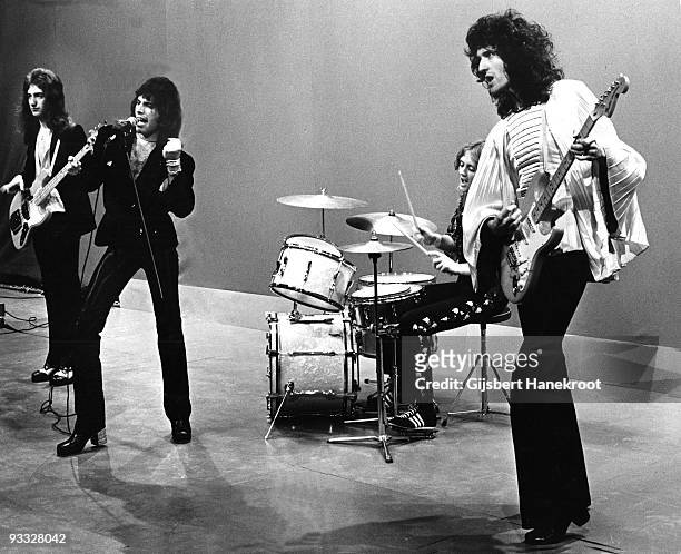 Queen perform live at Top Pop TV studios in Hilversum, Netherlands in 1975. L-R John Deacon, Freddie Mercury, Roger Taylor, Brian May