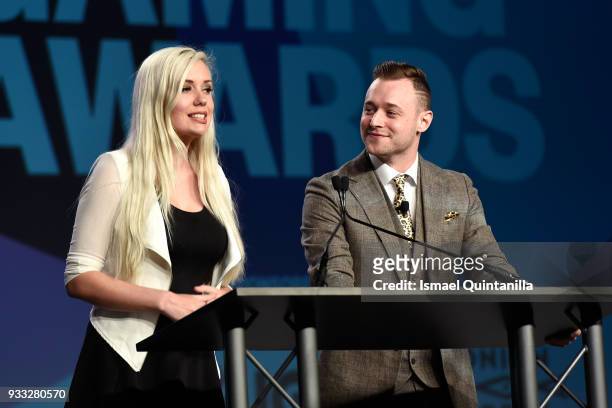 Alanah Pearce and Rich Campbell speak onstage at SXSW Gaming Awards during SXSW at Hilton Austin Downtown on March 17, 2018 in Austin, Texas.