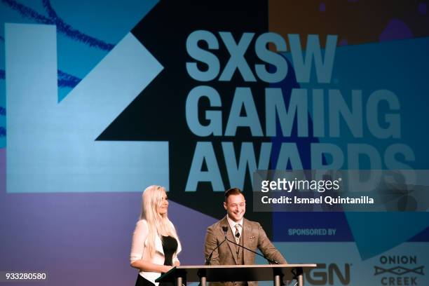 Alanah Pearce and Rich Campbell speak onstage at SXSW Gaming Awards during SXSW at Hilton Austin Downtown on March 17, 2018 in Austin, Texas.