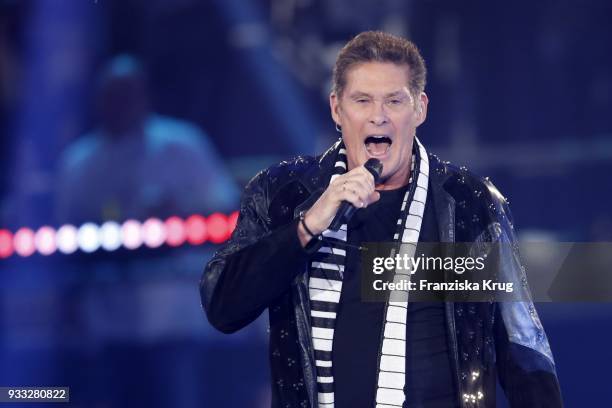 David Hasselhoff performs during the TV show 'Heimlich! Die grosse Schlager-Ueberraschung' on March 17, 2018 in Munich, Germany.