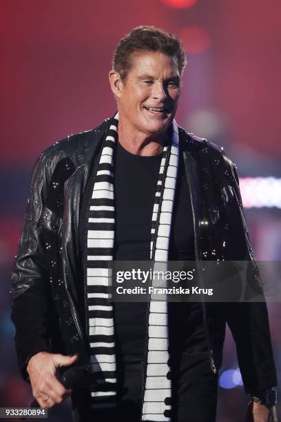 David Hasselhoff performs during the TV show 'Heimlich! Die grosse Schlager-Ueberraschung' on March 17, 2018 in Munich, Germany.