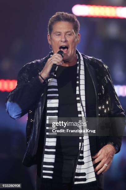 David Hasselhoff performs during the TV show 'Heimlich! Die grosse Schlager-Ueberraschung' on March 17, 2018 in Munich, Germany.