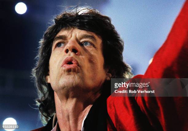 Mick Jagger performs live with The Rolling Stones at Drafbaan, Landgraaf in Holland on June 18 1995