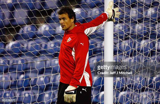 Jens Lehman of VFB Stuttgart trains at Ibrox stadium ahead of their Champion League Group G match against Rangers on November 23, 2009 in Glasgow,...