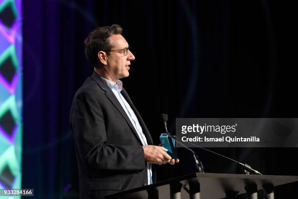 Chris Mancil accepts the Excellence in Convergence award onstage at SXSW Gaming Awards during SXSW at Hilton Austin Downtown on March 17, 2018 in...