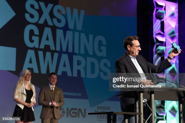 Chris Mancil accepts the Excellence in Convergence award onstage at SXSW Gaming Awards during SXSW at Hilton Austin Downtown on March 17, 2018 in...