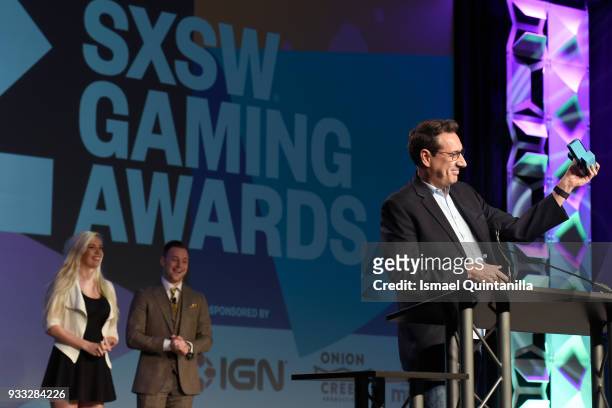Chris Mancil accepts the Excellence in Convergence award onstage at SXSW Gaming Awards during SXSW at Hilton Austin Downtown on March 17, 2018 in...