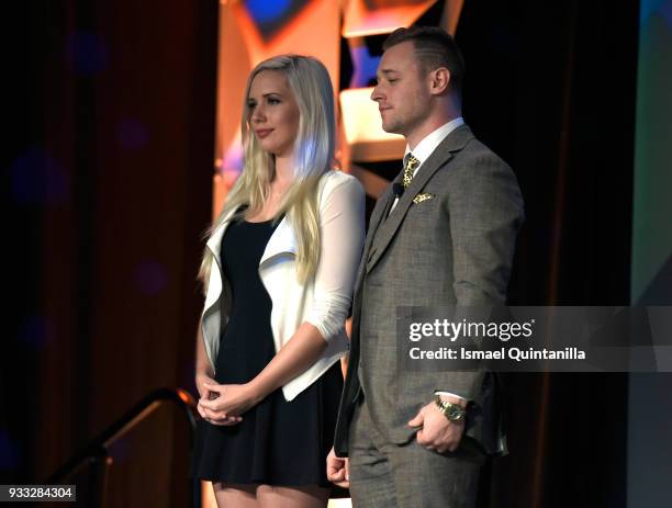 Alanah Pearce and Rich Campbell speak onstage at SXSW Gaming Awards during SXSW at Hilton Austin Downtown on March 17, 2018 in Austin, Texas.