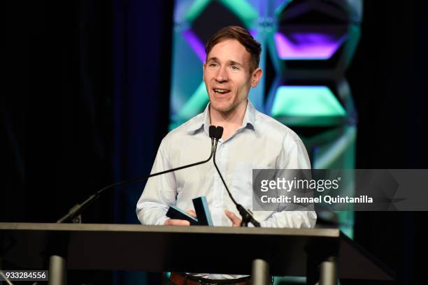 Tyler Moldenhauer accepts the award for Excellence in Animation and Excellence in Art onstage at SXSW Gaming Awards during SXSW at Hilton Austin...