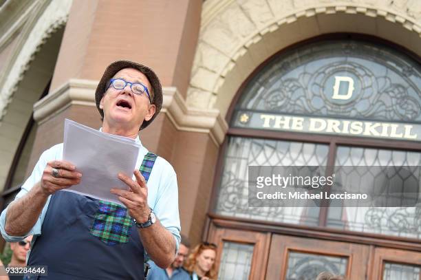 Actor Bill Murray reads a poem to a crowd before the "Isle of Dogs" premiere at The Driskill Hotel on March 17, 2018 in Austin, Texas.