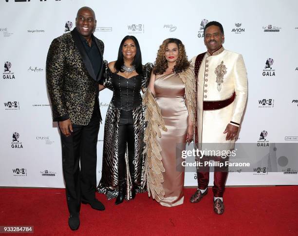 Magic Johnson, Earlitha Kelly, Tina Knowles, and Richard Lawson attend WACO Theater's 2nd annual Wearable Art Gala on March 17, 2018 in Los Angeles,...