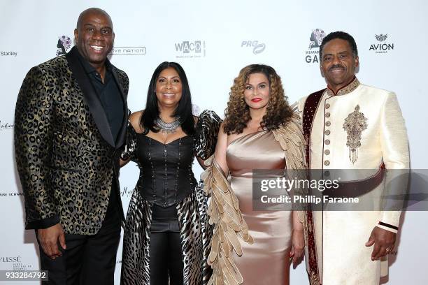 Magic Johnson, Earlitha Kelly, Tina Knowles, and Richard Lawson attend WACO Theater's 2nd annual Wearable Art Gala on March 17, 2018 in Los Angeles,...