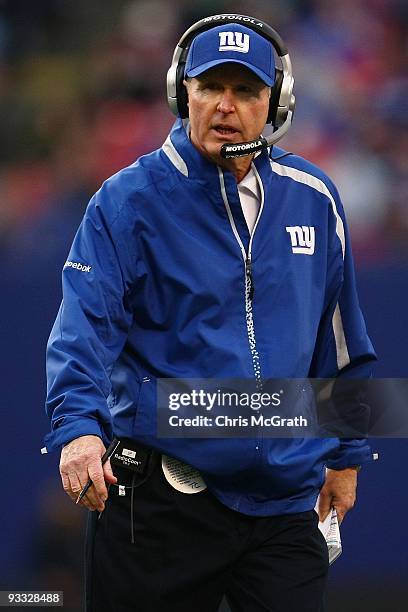 Head coach Tom Coughlin of the the New York Giants watches on from the sideline against the Atlanta Falcons on November 22, 2009 at Giants Stadium in...