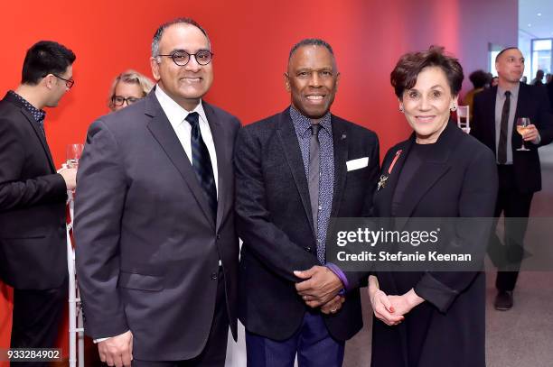 Raj Rajan, Charles Gaines and Adele Yellin attend The CalArts REDCAT Gala Honoring Charles Gaines and Adele Yellin on March 17, 2018 in Los Angeles,...