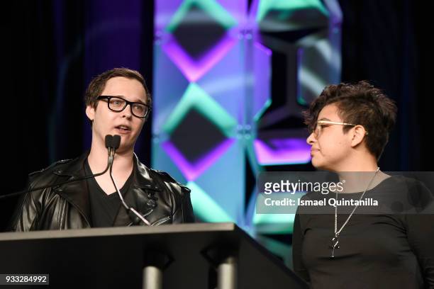 Harris Foster and Jocelyn Reyes accept an award onstage at SXSW Gaming Awards during SXSW at Hilton Austin Downtown on March 17, 2018 in Austin,...