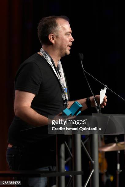 Phillip Johnson accepts an award onstage at SXSW Gaming Awards during SXSW at Hilton Austin Downtown on March 17, 2018 in Austin, Texas.