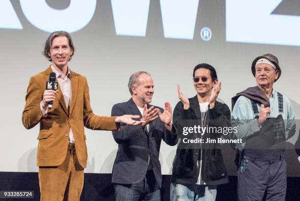 Director Wes Anderson , producer Jeremy Dawson, actor Konichi Nomura and actor Bill Murray appear on stage in the Paramount Theatre before the start...