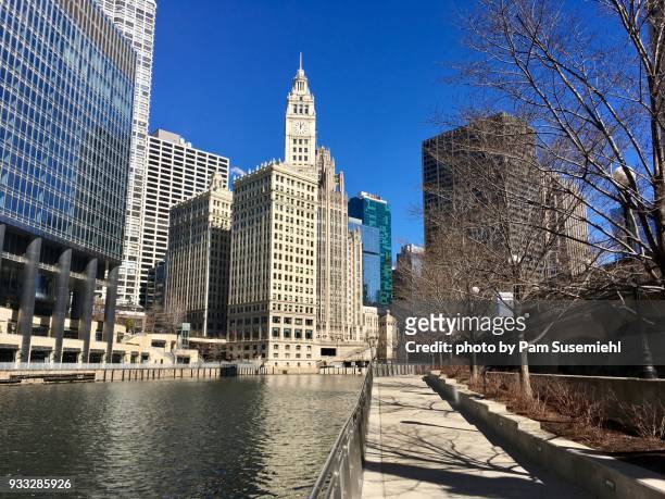 chicago skyline, riverwalk view - michigan avenue stock pictures, royalty-free photos & images