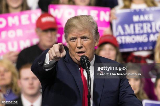 President Donald J. Trump speaks to supporters at the Atlantic Aviation Hanger on March 10, 2018 in Moon Township, Pennsylvania. The president made a...