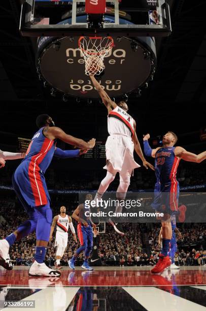 Maurice Harkless of the Portland Trail Blazers shoots the ball during the game against the Detroit Pistons on March 17, 2018 at the Moda Center in...