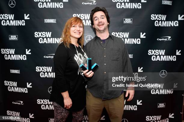 Jodi Sweatman poses with an award at SXSW Gaming Awards during SXSW at Hilton Austin Downtown on March 17, 2018 in Austin, Texas.