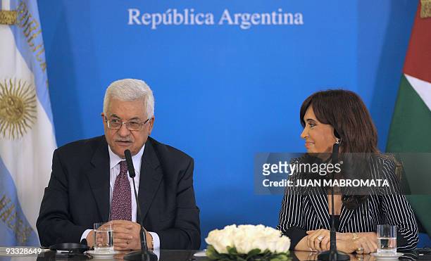 Palestinian leader Mahmud Abbas and Argentina's President Cristina Kirchner offer a joint press conference at Casa Rosada presidential palace in...