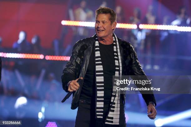 David Hasselhoff performs during the tv show 'Heimlich! Die grosse Schlager-Ueberraschung' on March 17, 2018 in Munich, Germany.