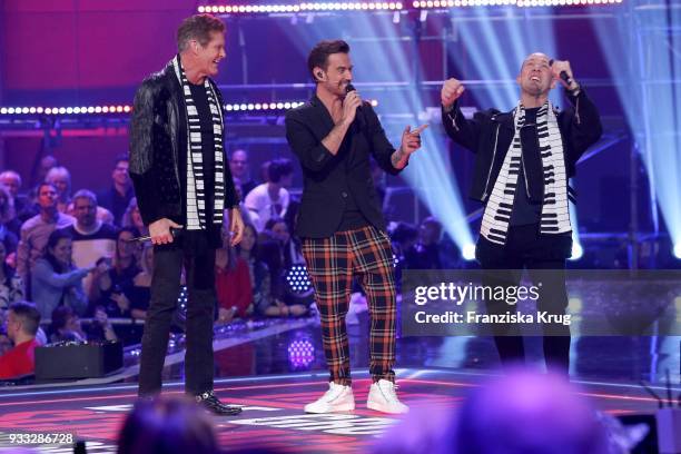 David Hasselhoff, Florian Silbereisen and Oli P. During the tv show 'Heimlich! Die grosse Schlager-Ueberraschung' on March 17, 2018 in Munich,...