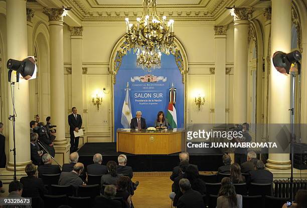 Palestinian leader Mahmud Abbas and Argentina's President Cristina Kirchner offer a joint press conference at Casa Rosada presidential palace in...