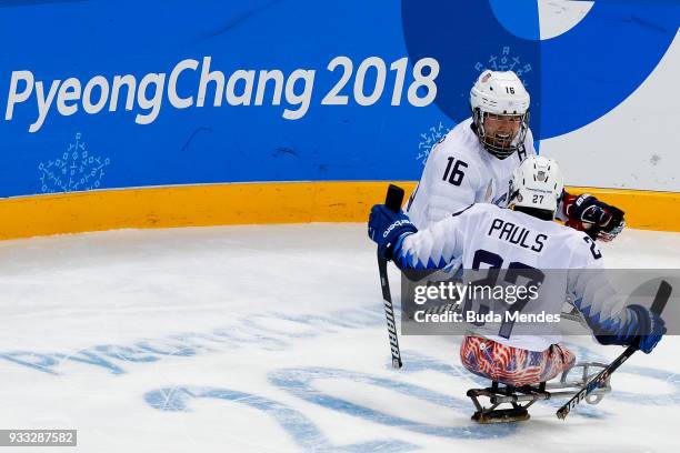 Declan Farmer of the United States celebrates a scored goal in the Ice Hockey gold medal game between United States and Canada during day nine of the...