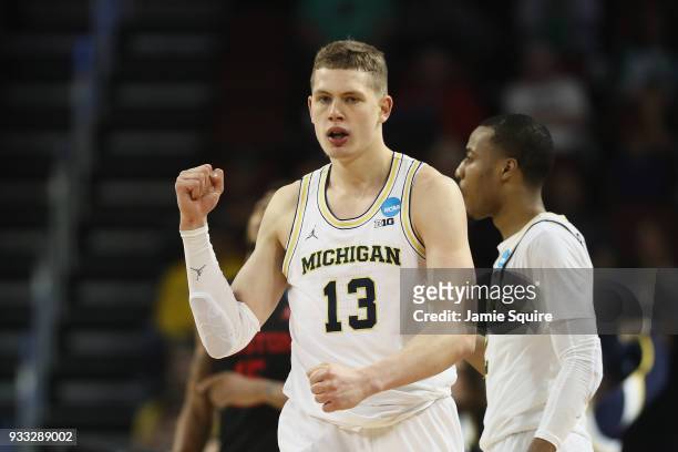 Moritz Wagner of the Michigan Wolverines reacts against the Houston Cougars in the second half during the second round of the 2018 NCAA Men's...