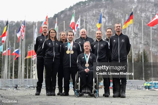Carl Murphy, Lynette Grace, Jane Stevens, Adam Hall, Ashley Light, Andrew Duff, Ben Adams, Mark Frater and Corey Peters of New Zealand poses for a...