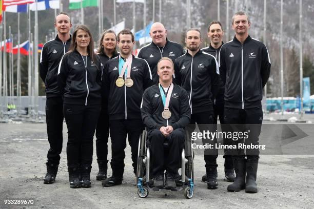 Carl Murphy, Lynette Grace, Jane Stevens, Adam Hall, Ashley Light, Andrew Duff, Ben Adams, Mark Frater and Corey Peters of New Zealand poses for a...