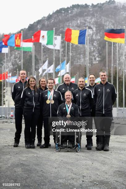 Carl Murphy, Lynette Grace, Jane Stevens, Adam Hall, Ashley Light, Andrew Duff, Ben Adams, Mark Frater and Corey Peters of New Zealand poses for a...