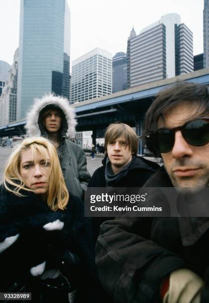 Posed group portrait of American band Sonic Youth in New York City on 26th February 1989. Left to right are Kim Gordon, Thurston Moore, Steve Shelley...