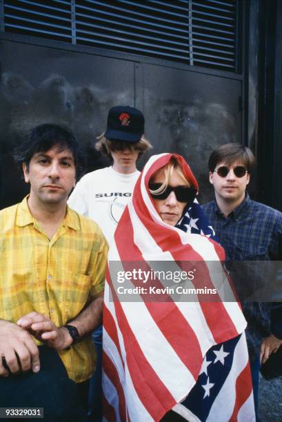 Posed group portrait of American band Sonic Youth in New York City on June 17,1992. Left to right are Lee Ranaldo, Thurston Moore, Kim Gordon and...