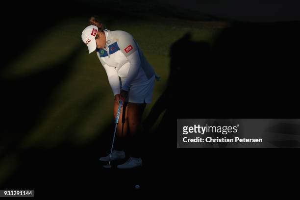 Ariya Jutanugarn of Thailand puts on the 18th green during the third round of the Bank Of Hope Founders Cup at Wildfire Golf Club on March 17, 2018...
